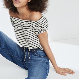 Madewell Black and White Striped Drawstring Off Shoulder Top